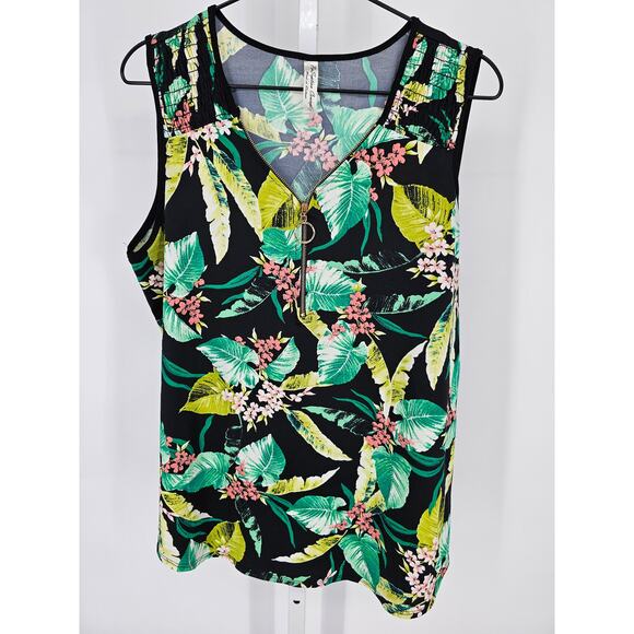 Per Seption Concept Womens Sz L Sleeveless Blouse Tropical Print Zip Front - Picture 1 of 4